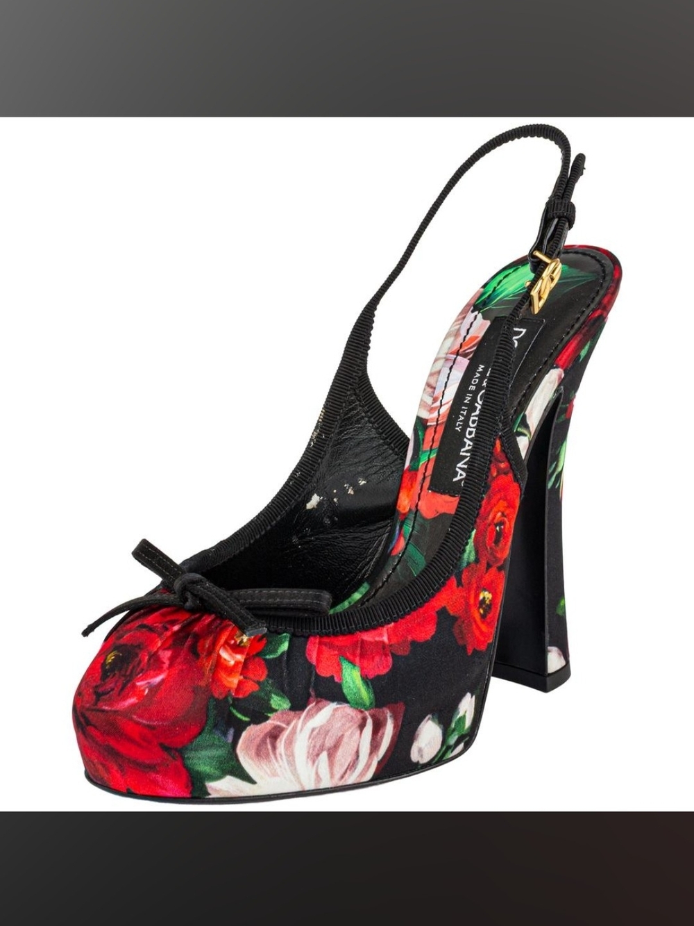 Dolce & Gabbana Black Floral Slingback Pump with Red & Green Accents Sz 39
